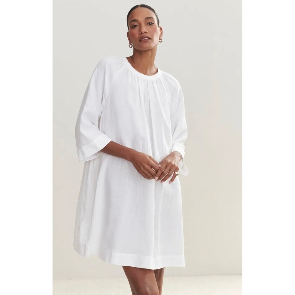 Jenni Kayne White Linen August Dress 559-5840-C23 Relaxed Shift Midi 3/4 Sleeve